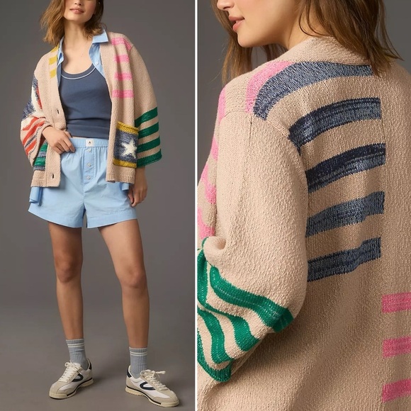 Daily Practice Racing Flag Cardigan Sweater Anthro Cotton Beach Coastal Preppy L